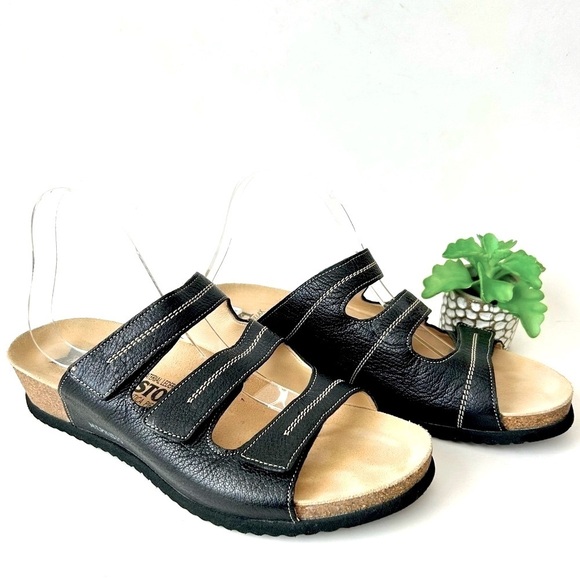 Mephisto Three Strap Slide Sandals Black Leather Low Wedge Velcro Open Toe 42 - Picture 2 of 9